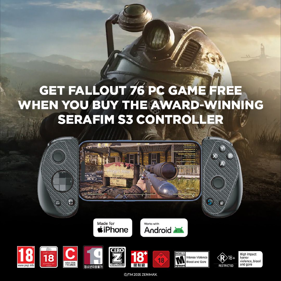 Banner ad featuring a Tom’s Guide CES 2024 Awards badge and the text ‘Get Fallout 76 PC game free when you buy award-winning Serafim S3 controller,’ with a Serafim S3 controller shown on the right and iPhone/Android compatibility icons
