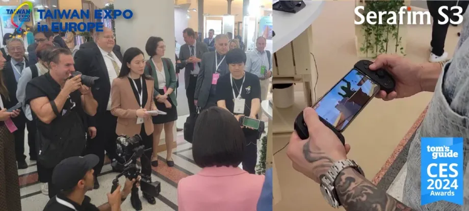 Media outlets and booth visitors demonstrate the Serafim S3 Game Controller at Taiwan Expo in Germany