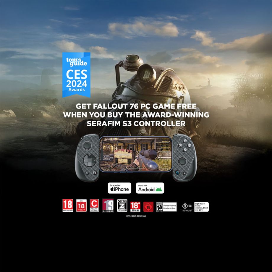 Banner ad featuring a Tom’s Guide CES 2024 Awards badge and the text ‘Get Fallout 76 PC game free when you buy award-winning Serafim S3 controller,’ with a Serafim S3 controller shown on the right and iPhone/Android compatibility icons