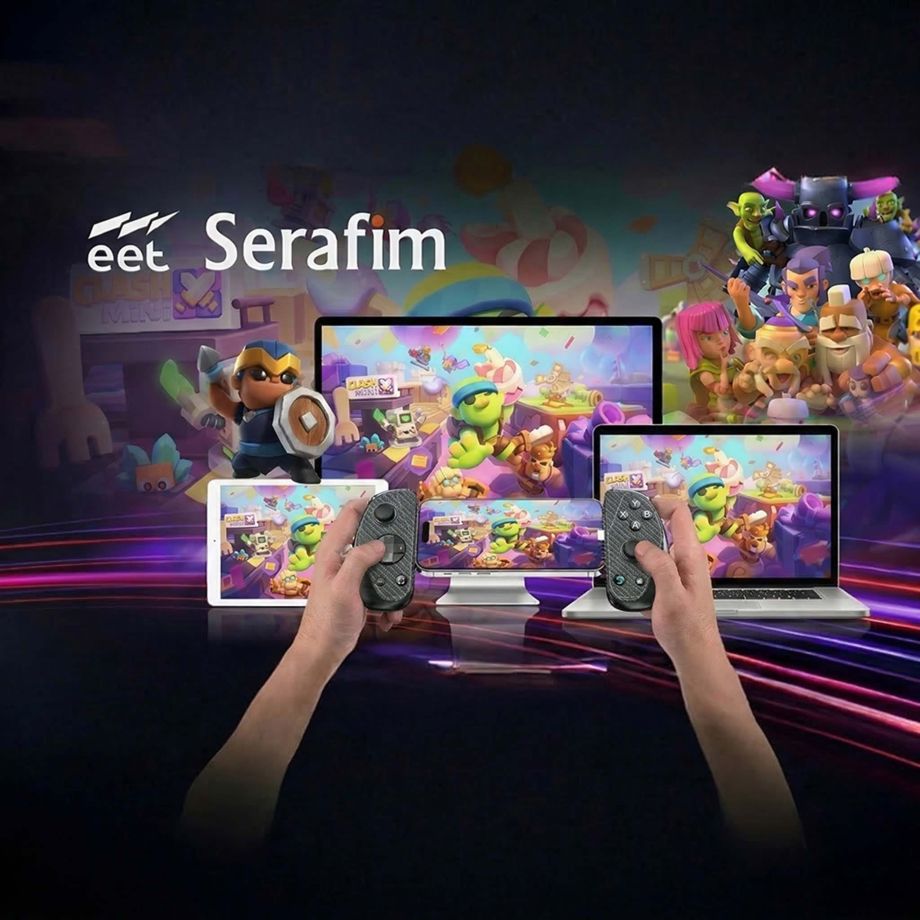 Serafim S3 cloud gaming controller displayed across mobile, tablet, and laptop devices highlighting the partnership between Serafim and EET Group in Denmark.