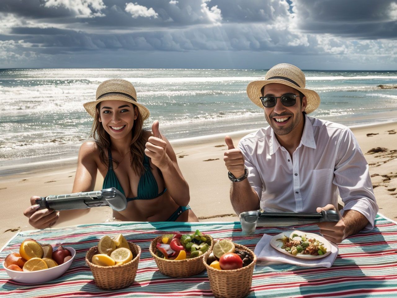 A boy and girl enjoy mobile games with the S3 Mobile Gaming Controller at the beach