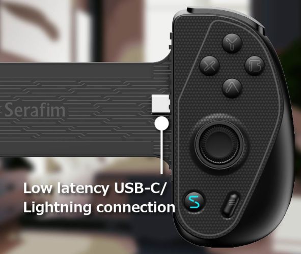 The Serafim S3 mobile gaming controller utilizes low-latency wired USB-C/Lightning connection