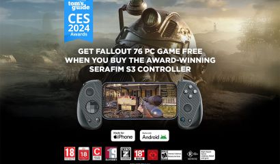 Banner ad featuring a Tom’s Guide CES 2024 Awards badge and the text ‘Get Fallout 76 PC game free when you buy award-winning Serafim S3 controller,’ with a Serafim S3 controller shown on the right and iPhone/Android compatibility icons