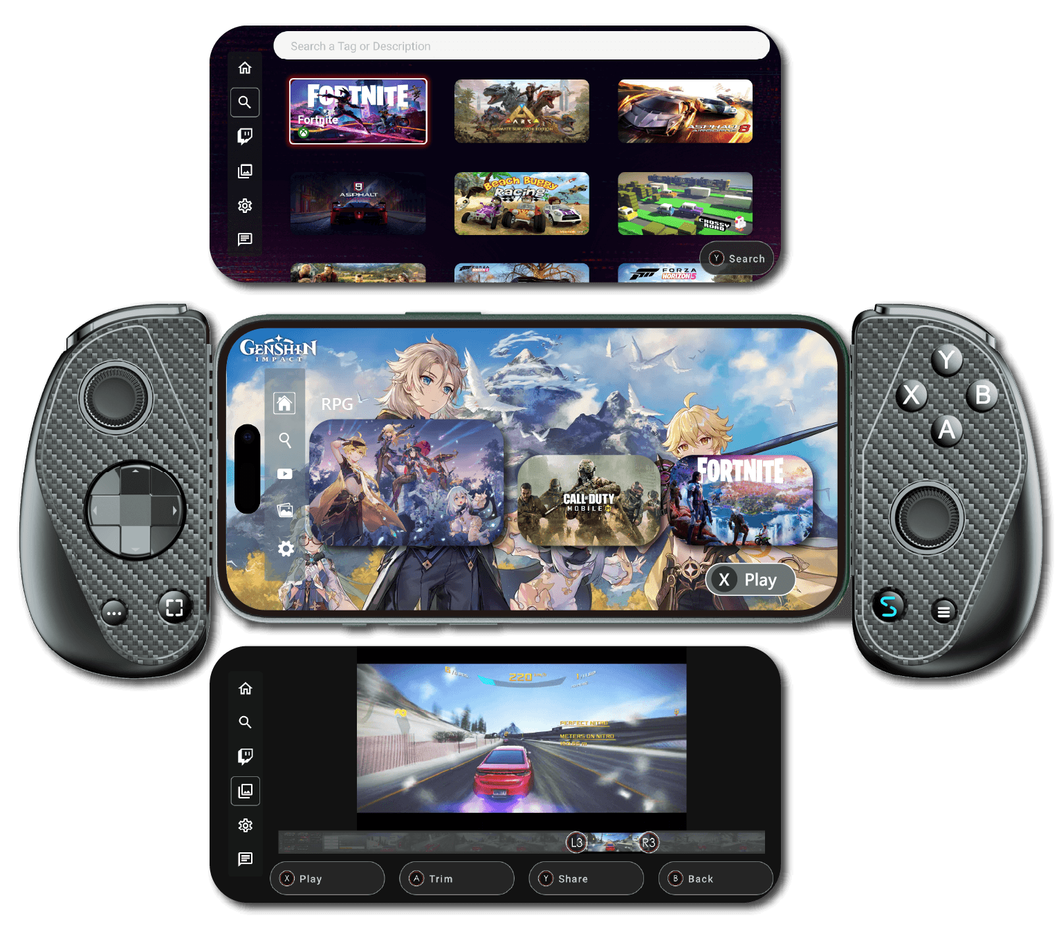 Serafim Console app with game list, gameplay recording, and the live streaming feature