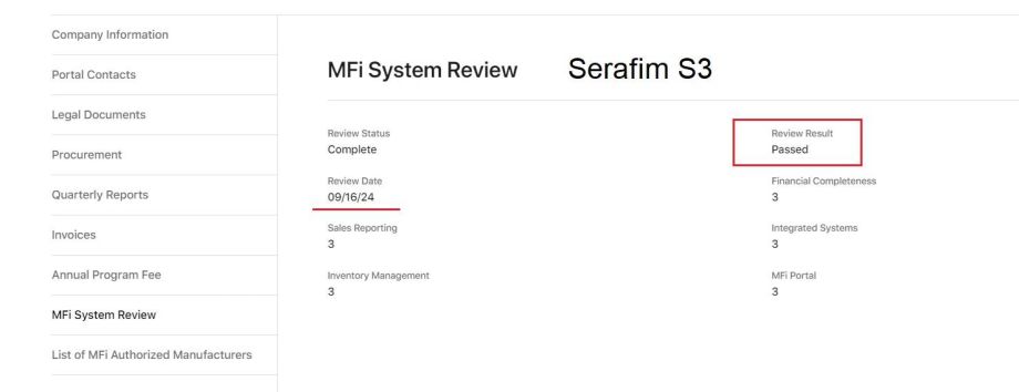 Serafim S3 Mobile Controller passed the MFi System Review in Sep 16, 2024