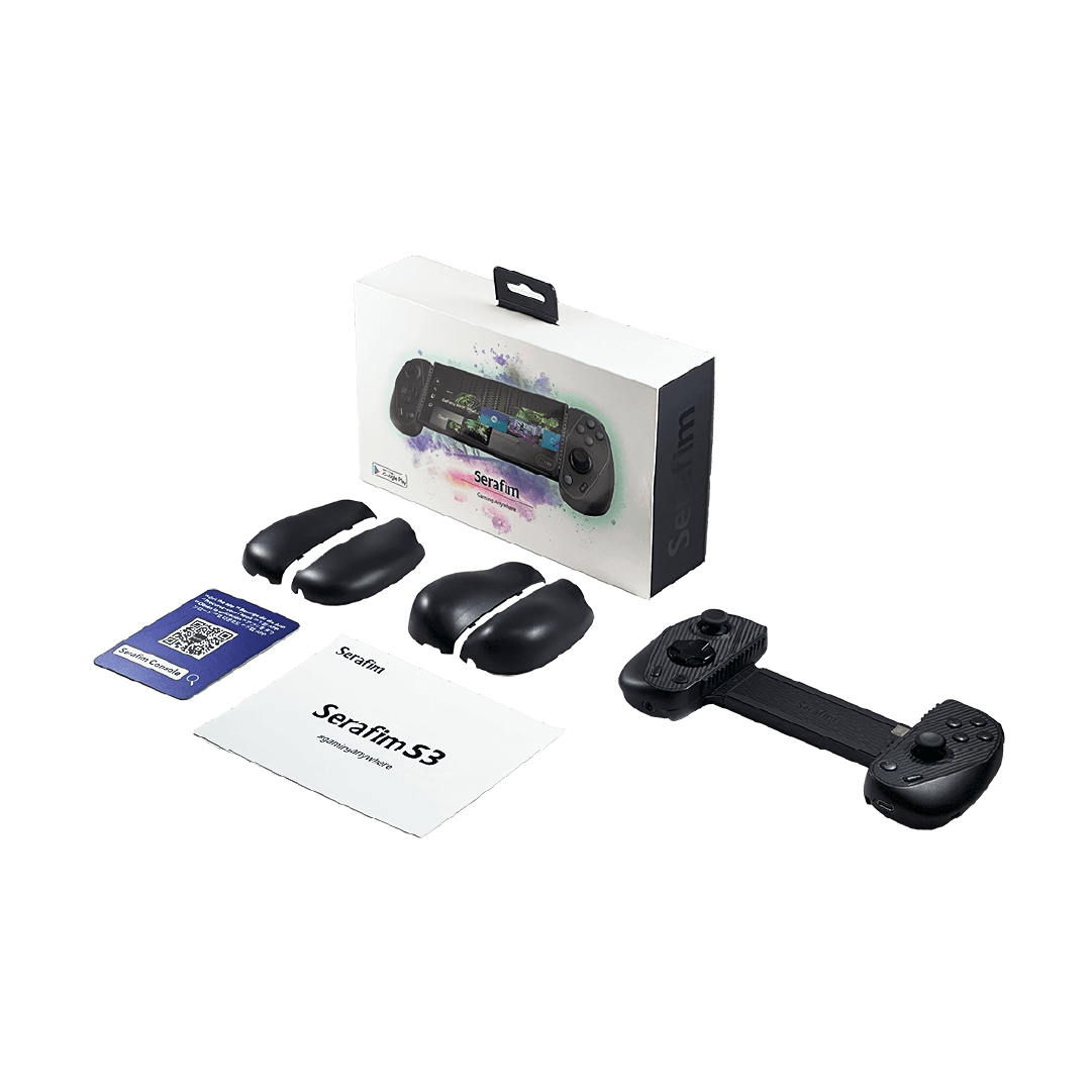 The Serafim S3 Mobile Gaming Controller includes the S3 game controller, interchangeable grips, user manual, and the quick start guide sheet