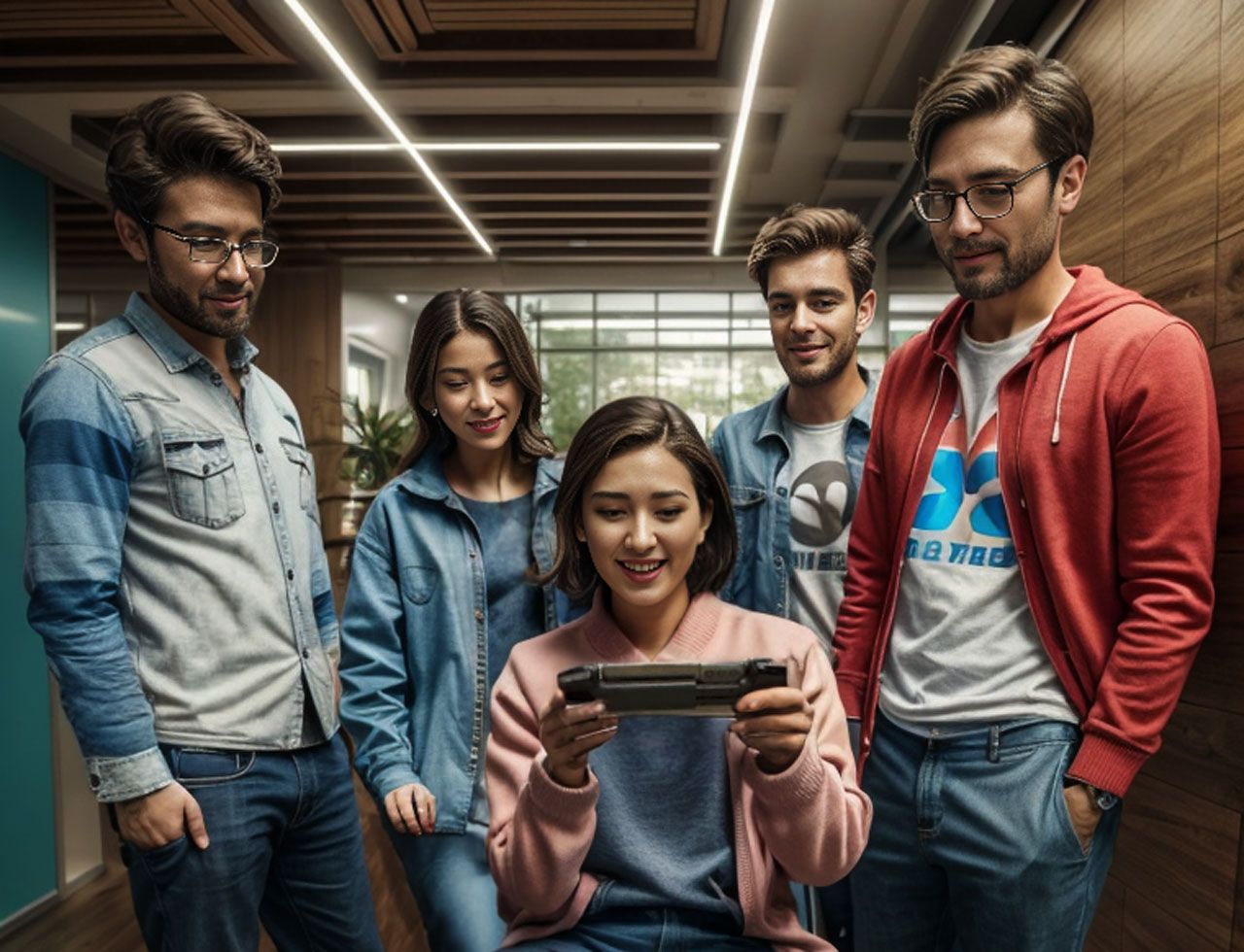 A girl attends an offline event, playing with the S3 Mobile Gaming Controller, crowded by her friends.