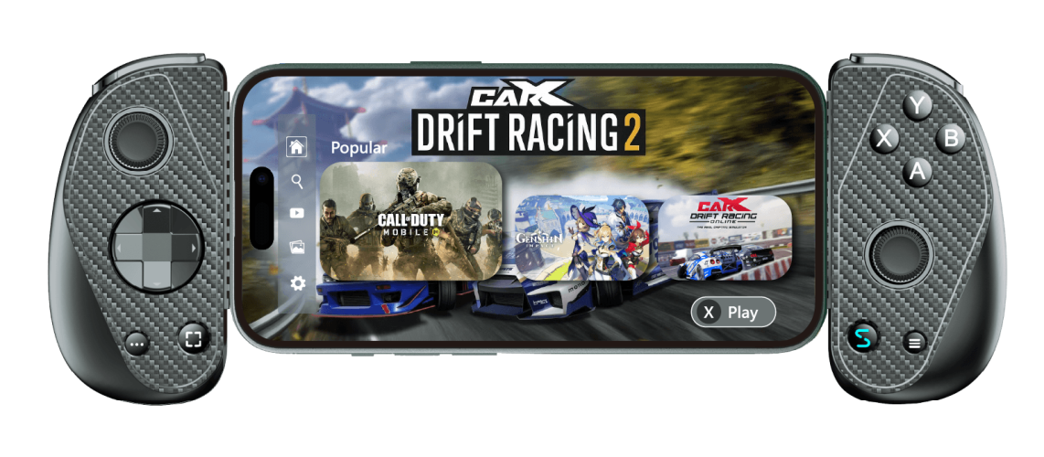 Serafim S3 cloud gaming controller connected to a smartphone, displaying racing and mobile games on screen.