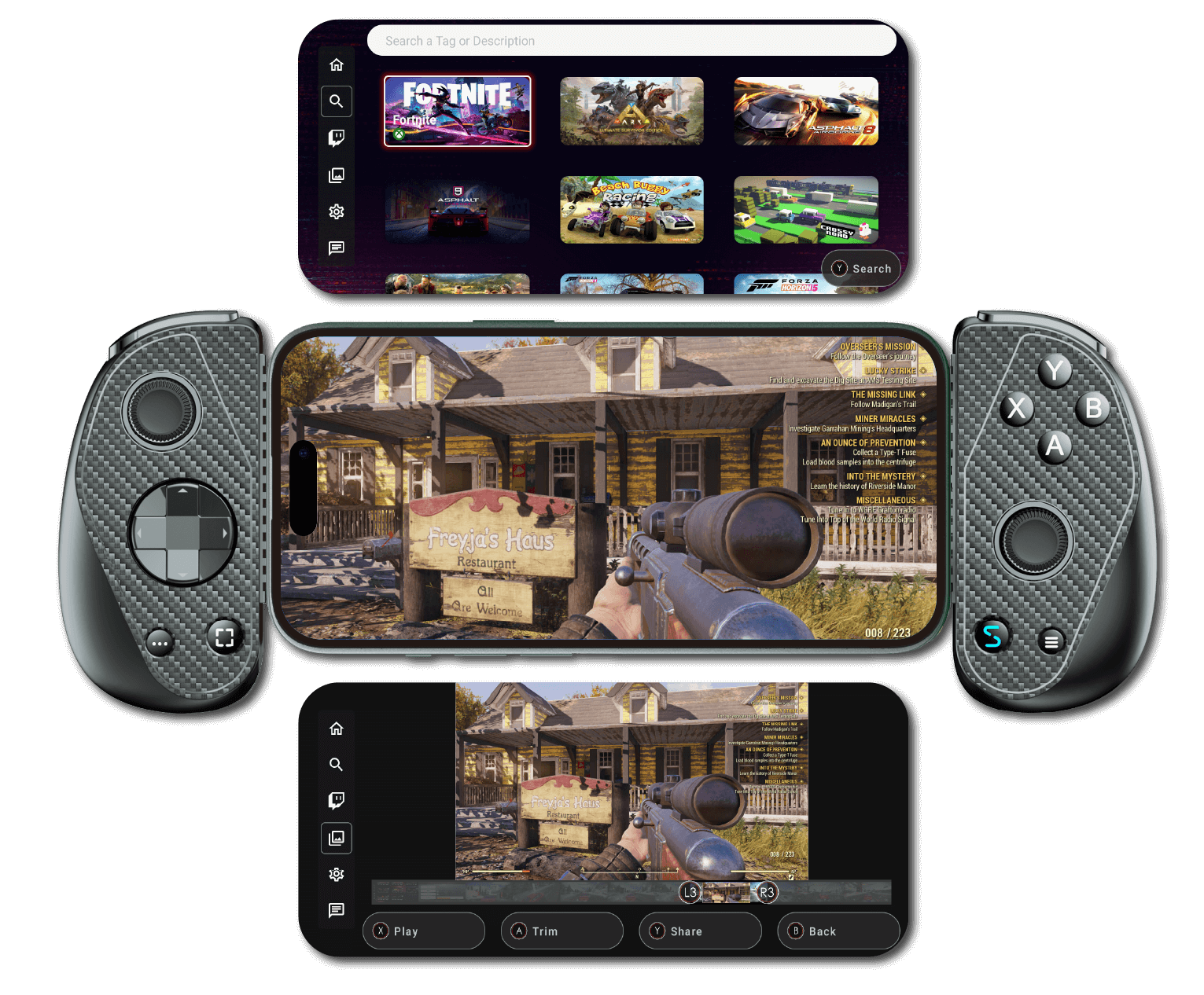 Player using the Serafim S3 mobile controller to play Fallout 76 with precise aiming controls.