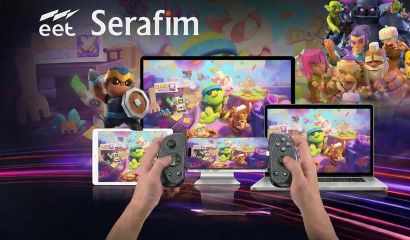 Serafim S3 cloud gaming controller displayed across mobile, tablet, and laptop devices highlighting the partnership between Serafim and EET Group in Denmark.
