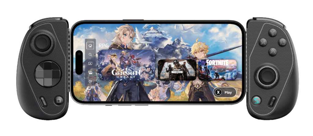 Serafim S3 Gaming Controller with the screen of the Serafim Console app and Genshin background on an iPhone