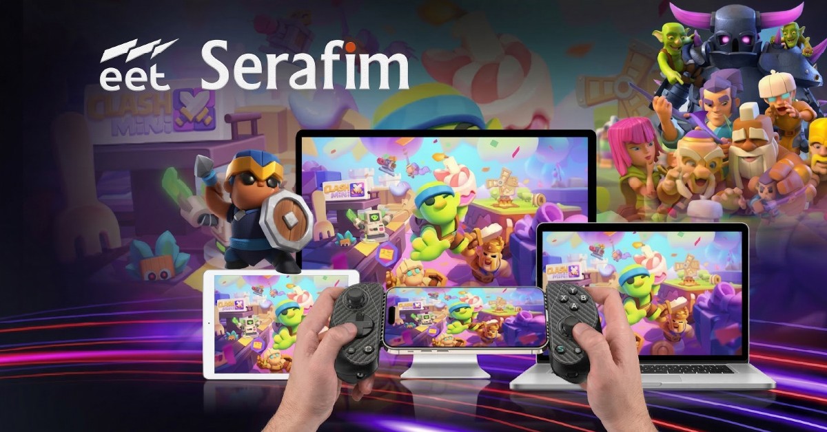 Serafim S3 cloud gaming controller displayed across mobile, tablet, and laptop devices highlighting the partnership between Serafim and EET Group in Denmark.